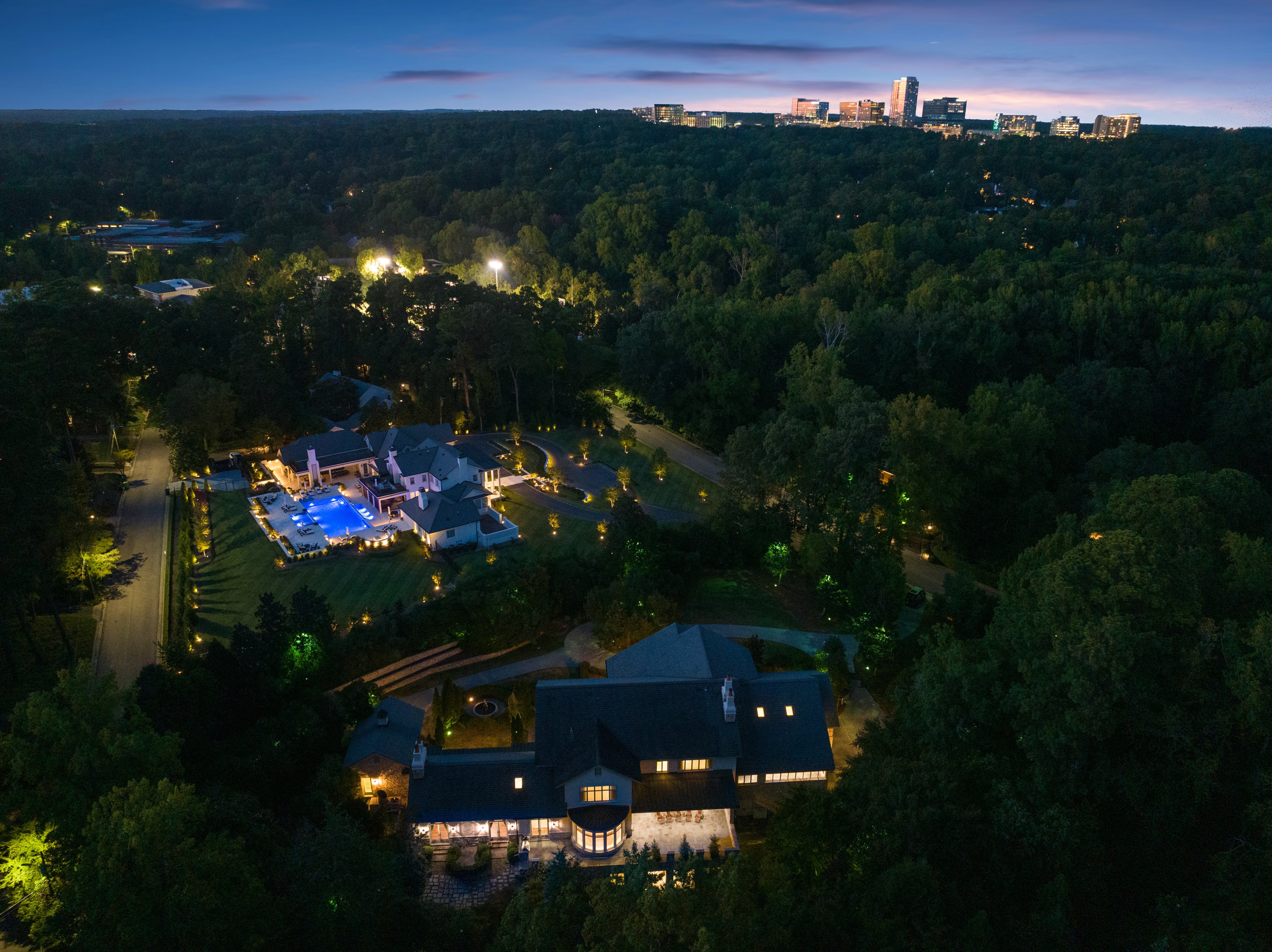 Arial view of home with downtown Raleigh in the background